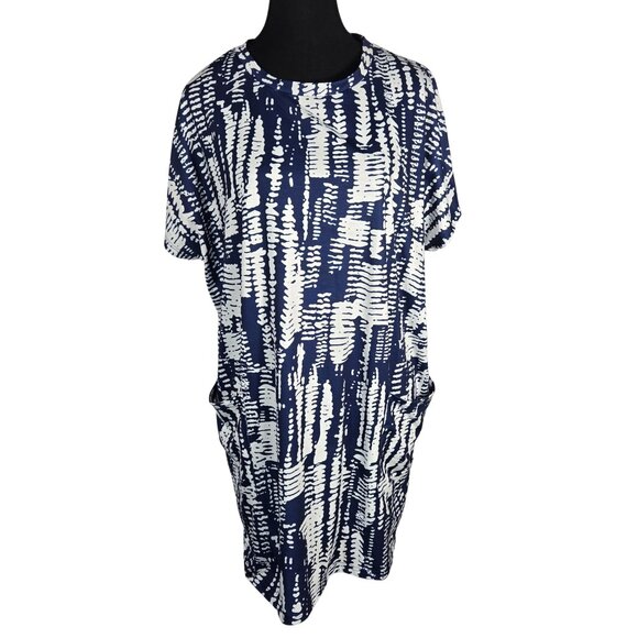 NWOT | Blue & White Abstract Print Short Sleeve T-Shirt Dress with Pockets | Sma - Picture 1 of 4